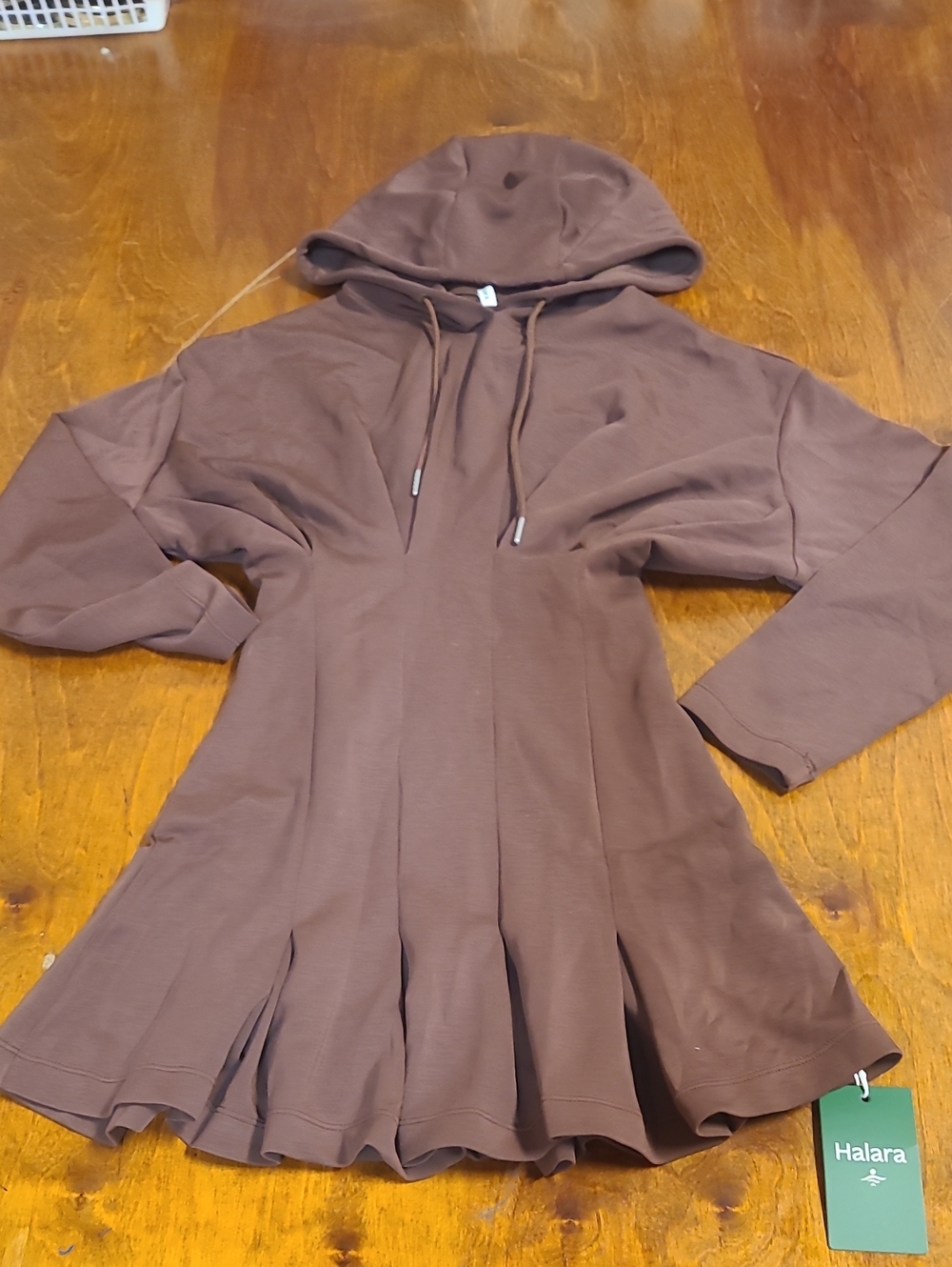 HALARA Chocolate Brown Hooded Pleated Dress